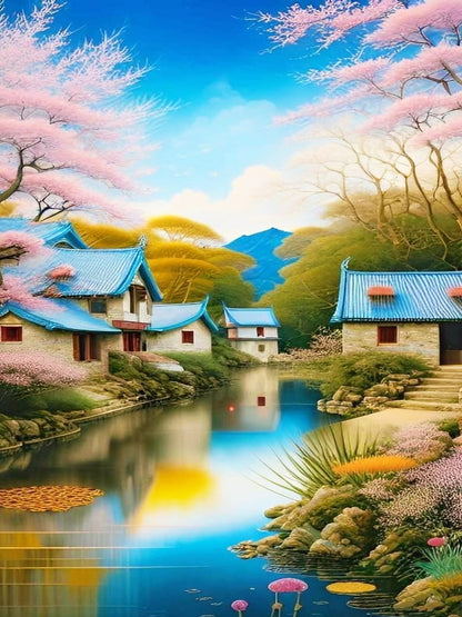 SAKURA HOUSE LAGOON_40X30cm Diamond Painting Kit DIY Hobby ART